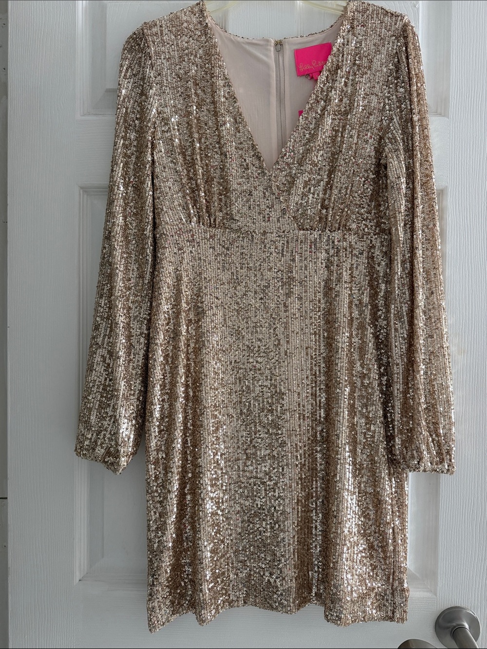 Lilly Pulitzer Reagan fitted long-sleeve sequin dress in a metallic gold color.